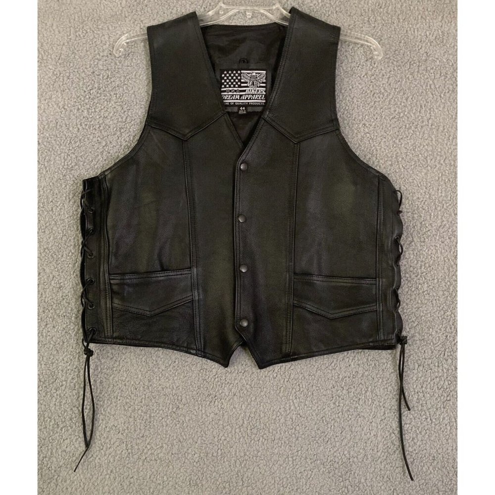 USA Bikers Dream Apparel Mens Motorcycle Vest Black Leather Side Laces SIZE 44